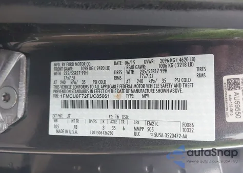 2015 Ford Escape S из США, поврежденный, VIN 1FMCU0F72FUC85061